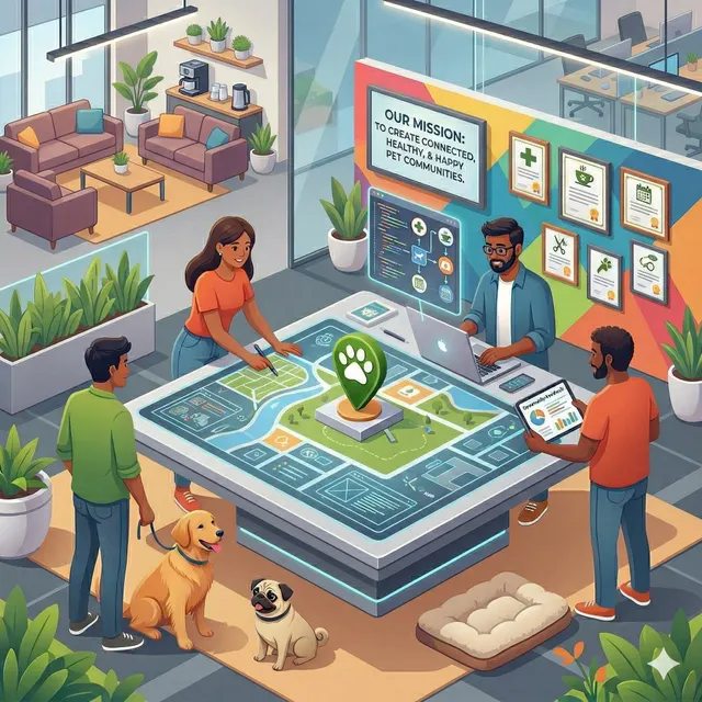 Team members collaborating around a 3D interactive map in a modern office with pets