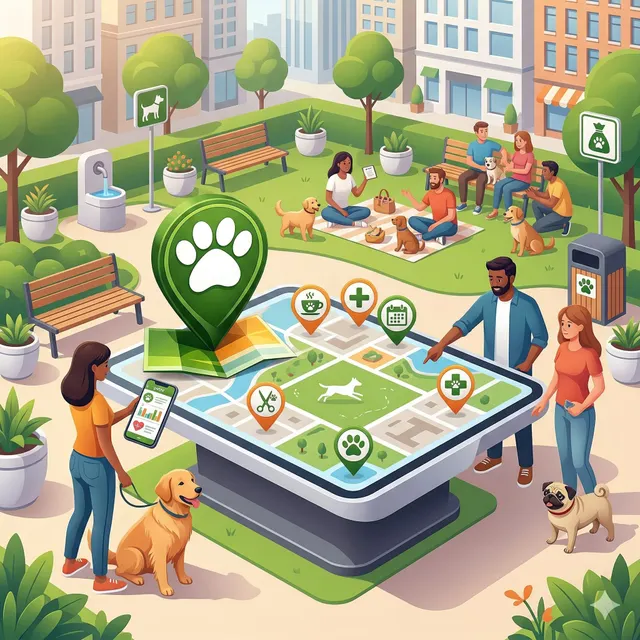 Pet owners with their dogs gathered in a city park around a 3D interactive map showing pet-friendly locations